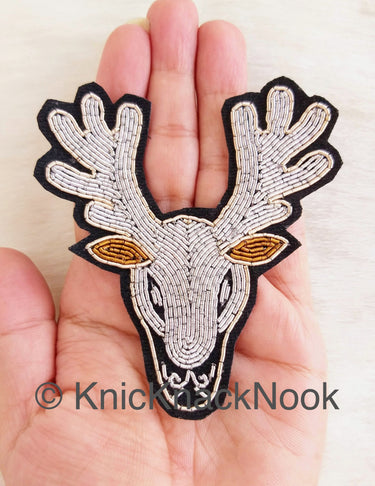 Hand Embroidered Reindeer Applique In Silver And Brown Zardozi Threadwork, Animal Motif, Christmas DIY